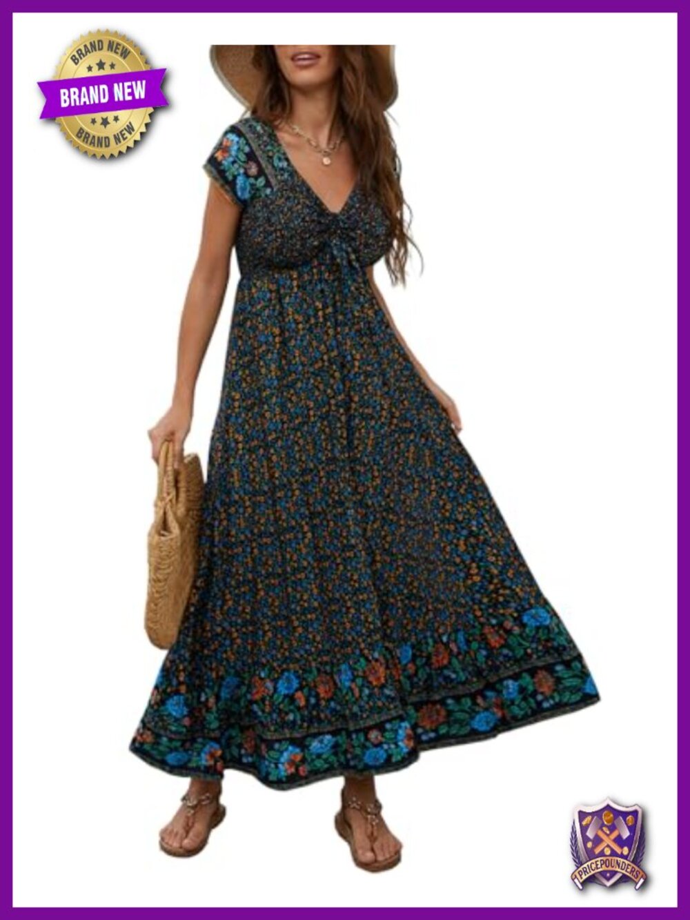 Smocked Boho Maxi Dress Short Sleeve Floral Flowy Tiered Ruffled Beach Vacation